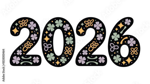 2026: A stylish and vibrant illustration featuring the year 2026, the design integrates floral and geometric motifs, suggesting themes of growth, beauty, and the promise of the future.