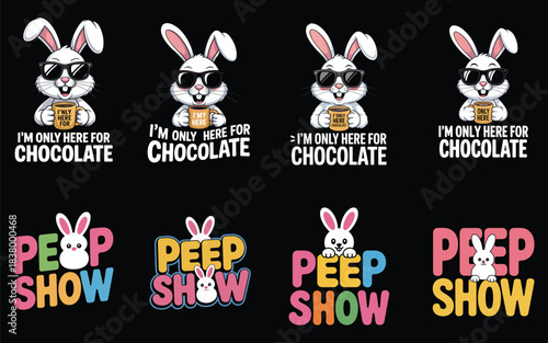 Easter bunny with sunglasses and chocolate mug and peep show text on black background Keywords