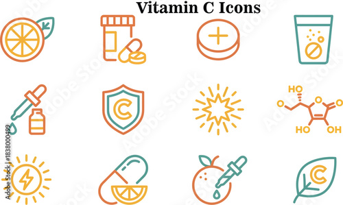 Set of Vitamin C Icons - Supplements, Citrus, Drops, and Health Benefits