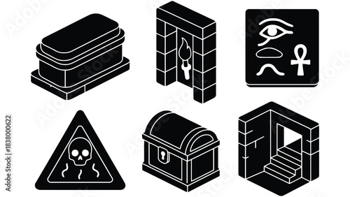 Isometric illustrations of egyptian tomb elements in black and white