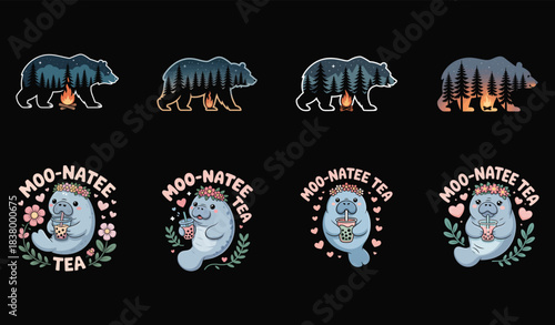 Manatees drinking bubble tea and bears with campfires in forest silhouette sea cow cute
