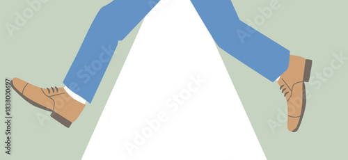 Illustration of a man wearing blue slacks and leather shoes jumping over a white line