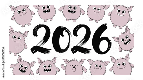 Whimsical Year Ahead: A joyful illustration featuring adorable, fluffy creatures surrounds a bold display of the year, exuding a sense of delight, playfulness, and anticipation.