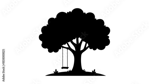 Silhouette of a tree with a swing hanging from a branch on white space
