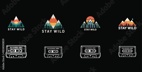 Retro mountain and cassette tape logos with text on black background Keywords: retro, vintage