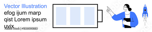 Energy efficiency, sustainable growth, presentation , business innovation, power technology, teamwork strategy. A woman points at a battery diagram with a rocket beside her. Energy efficiency
