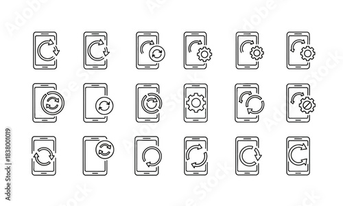 Black and White Smartphone Sync and Settings Icon Set for App Interface Design