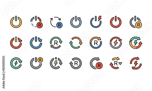 Colorful Power and Refresh Icon Set for Digital Interfaces and Functional Design
