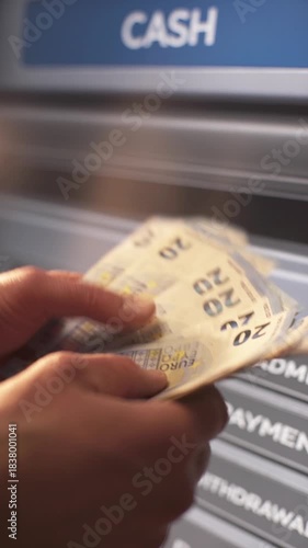 A businessman counts euros after withdrawing cash from an ATM. Banking services, cash withdrawals
