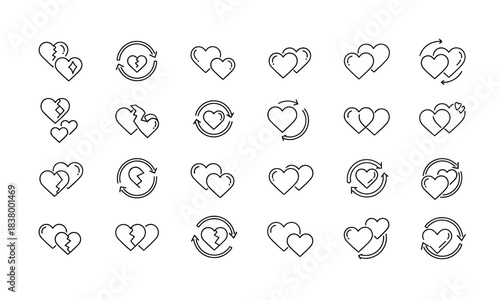 Broken Heart Line Icons Set – Love Reset and Relationship Recovery Symbols