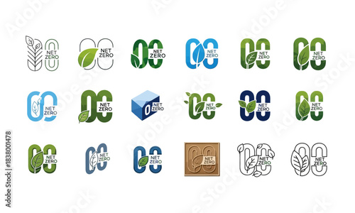 Net Zero Logo Set – Eco CO Carbon Neutral Emission Icons with Leaf Design