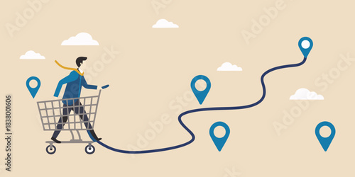 A man pushes a shopping cart along a path of location pins