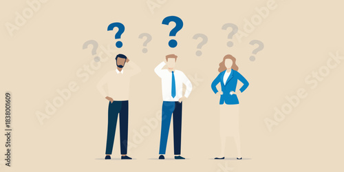 People pondering with question marks above their heads representing uncertainty