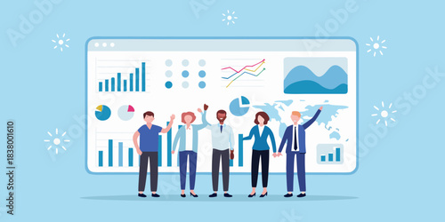 Team collaboration and data analysis visualized on a large presentation screen