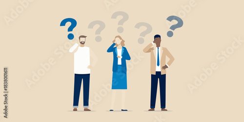 People surrounded by question marks illustrating uncertainty and problem solving