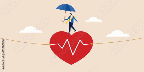 A businessman carefully balances on a heart shaped tightrope with an umbrella