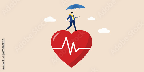 A businessman walking on a heart with an electrocardiogram pattern sheltered by an umbrella