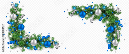 Vector pine tree garland with silver and blue Christmas balls, confetti, ribbons and lights isolated on a transparent background. Holiday Christmas tree border for winter decor.
