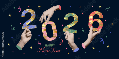 New year collage. Hands with trendy halftone effect holding numbers 2026. Vector design elements, greeting card, invitation, banner.