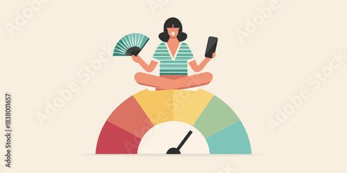 Woman meditating in lotus position balancing on a colorful gauge illustration