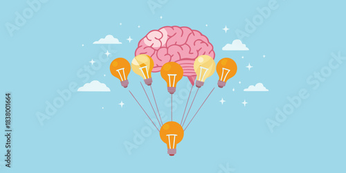 A brain shaped hot air balloon with light bulbs rising into the sky