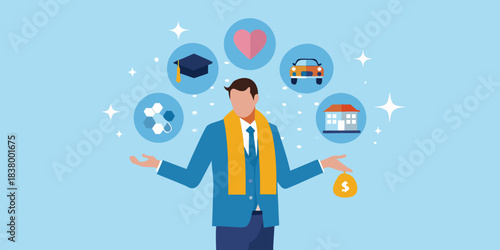 Balancing life s priorities a man juggles career love finance and future aspirations