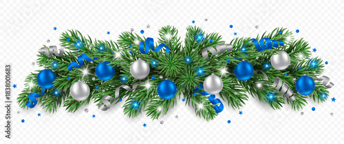 Vector pine tree garland with silver and blue Christmas balls, confetti, ribbons and lights isolated on a transparent background. Holiday Christmas tree border for winter decor.