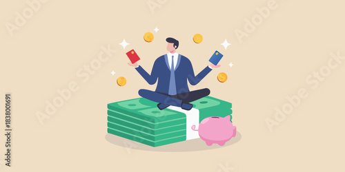 Man balancing money passport and coins in a meditative pose
