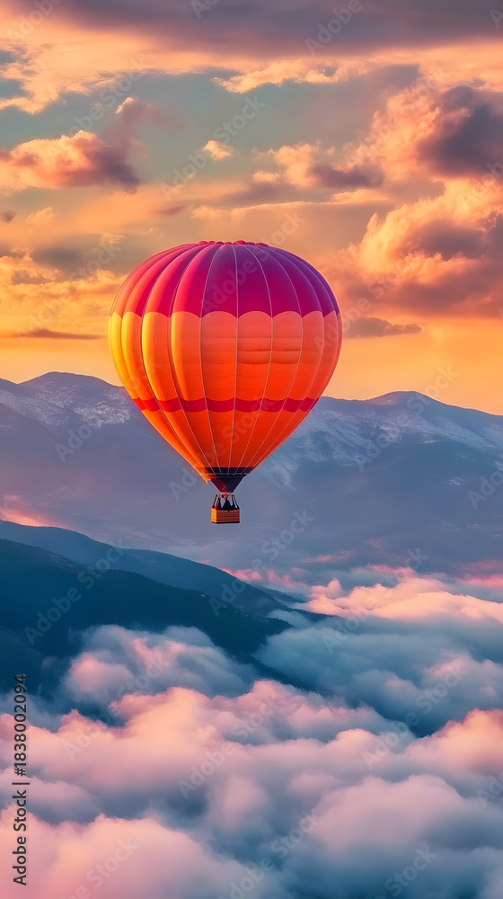 Fototapeta premium Hot Air Balloon Rising Above Clouds Signifying Freedom 