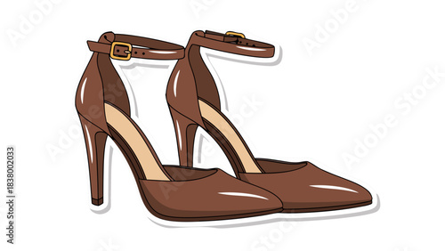 A Pair of Elegant Brown Leather Ankle Strap High Heel Pumps with Golden Buckles Placed on a Black Background