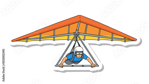 A person in a blue shirt and white helmet flying a vibrant orange hang glider with a clear sky and sunlight in the background