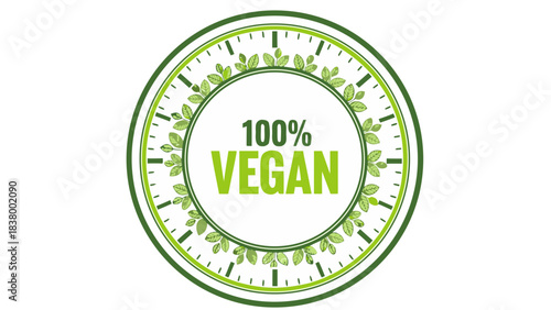 100% Vegan circular seal with green leaf accents and a clock motif symbolizing natural time and healthy eating choices