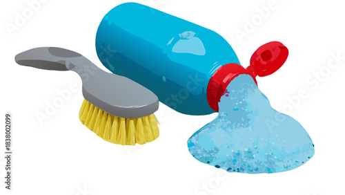 A blue bottle with a red cap lies on its side pouring out light blue cleaning powder next to a gray scrubbing brush with yellow bristles against a black background