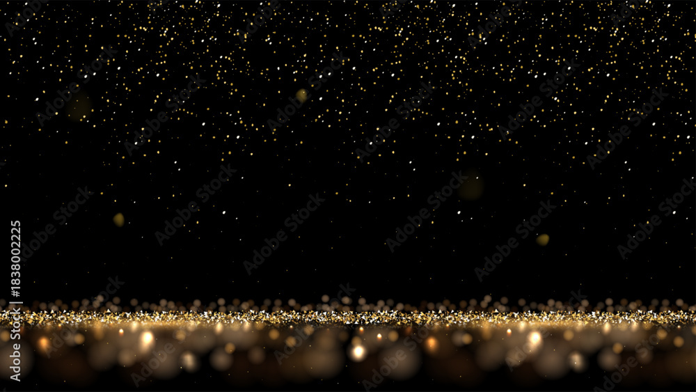 Obraz premium Luxury golden glitter background with glowing confetti on dark. Sparkling particles over magic glittering floor. Shimmering pattern with soft bokeh effects. Elegant festive vector illustration