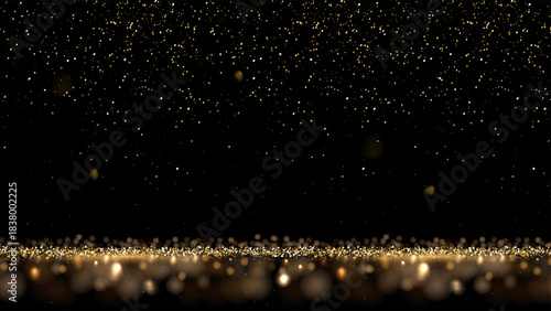 Luxury golden glitter background with glowing confetti on dark. Sparkling particles over magic glittering floor. Shimmering pattern with soft bokeh effects. Elegant festive vector illustration