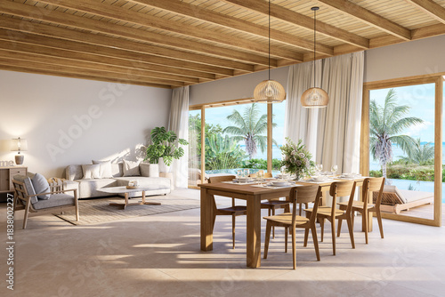 Fototapeta Naklejka Na Ścianę i Meble -  3D render of a modern contemporary coastal dining, living room with infinity pool, and tropical ocean view, blending indoor comfort with outdoor elegance.