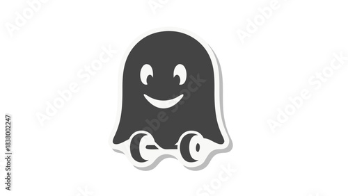 A cute and friendly cartoon ghost character with a smiling face and simple features floats against a solid black background in a playful and whimsical style