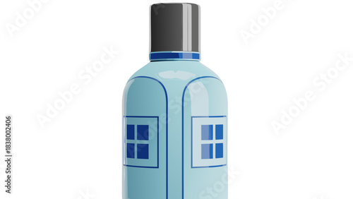 A Light Blue Transparent Bottle With A Dark Cap And Blue Square Labels On Each Side With A Simple White Background Ideal For Product Mockups