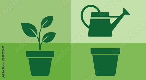 Plant in pot with watering can and empty pot, gardening essentials.