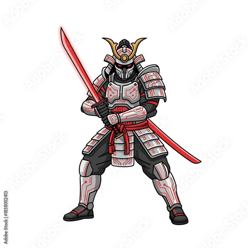 Powerful Samurai Warrior in Full Armor with Red Katana Sword.