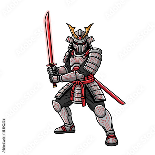 Powerful Samurai Warrior with Red Sword in Dynamic Stance.