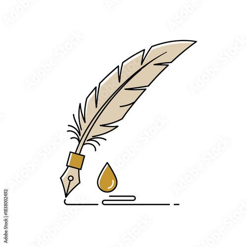 Quill pen and ink drop for writing and calligraphy.