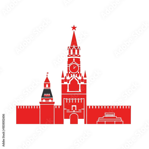 Red Kremlin silhouette with Spasskaya Tower and wall, iconic Russian landmark.