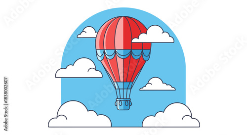 Red hot air balloon floating in the sky with clouds.