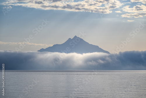 Canvastavla Mount Athos peak above fog