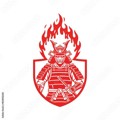 Red Samurai Warrior in Armor with Katana Sword and Flaming Shield.