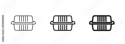 Takeout clamshell food container icon in thin, regular, and bold styles. Plastic, foam takeaway box. Web and mobile pictogram. Perfect for use in menus, packaging, or delivery app interfaces. Vector