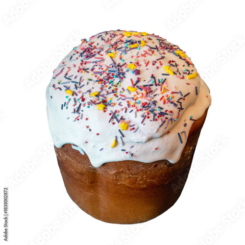 Decorated Easter Kulich with Glossy White Icing and Bright Sprinkles Isolated