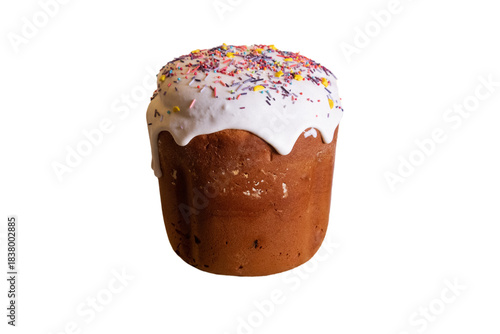 Homemade Easter Bread Kulich with White Frosting and Color Dots Isolated