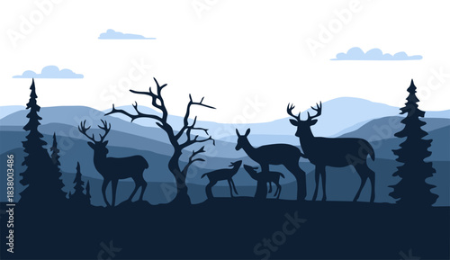 Flat vector Mountain landscape. Mountain panorama and silhouette of deer, pine trees. Christmas themed vector background.